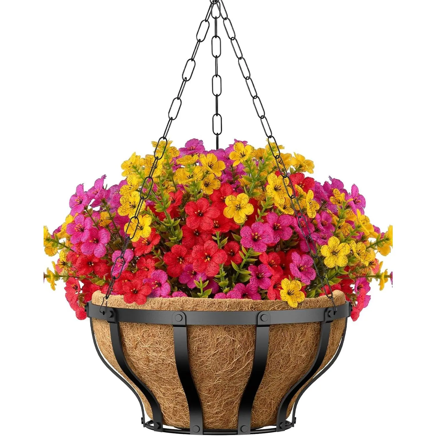 VOXOR UV-Resistant Artificial Hanging Flowers with 12-Inch Metal Hanging Planter, 12 Bundles Faux Floral Arrangement for Porch/Patio Balcony, Outdoor Flower Pots & Planters for Home Decor Garden