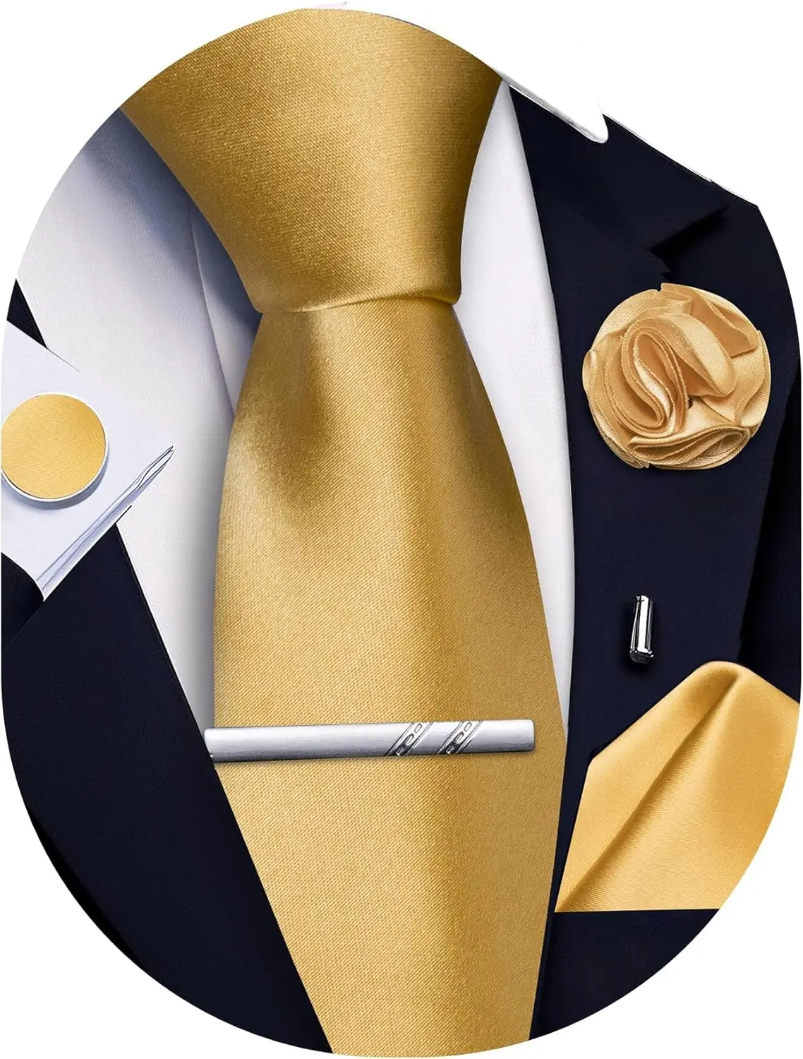 Solid Color Ties for Men Silk Satin Necktie and Pocket Square Cufflinks Tie Clip Lapel Pin Set Wedding Business 5PCS(Gift)