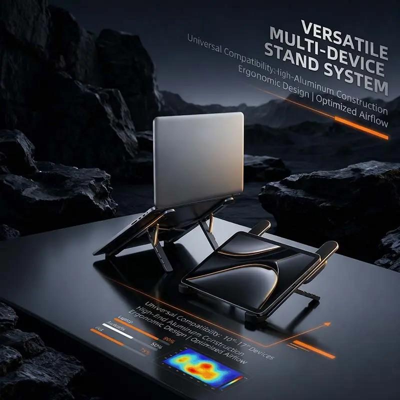 Gunmetal Laptop Stand with Foldable USB Hub, Adjustable Ergonomic Desk Riser, Multi-Port Expansion for MacBook, PC, Tablets & Travel Use
