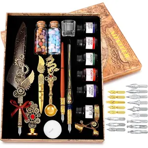 Pen Ink Set - 6 Bottles of Ink, Quill Pen, Glass & Wooden Dipping Pens, 8 Sheets of Writing Paper, Envelope, Wax Granules, Round Wax, Seal, Spoon, Pen Holder (Grey)