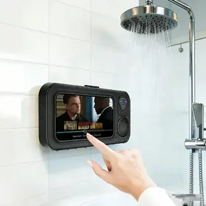 Waterproof Shower Phone Holder with Bluetooth Speaker, 360° Rotating Touch Screen Case for Bathroom Wall, Watch Videos & Music