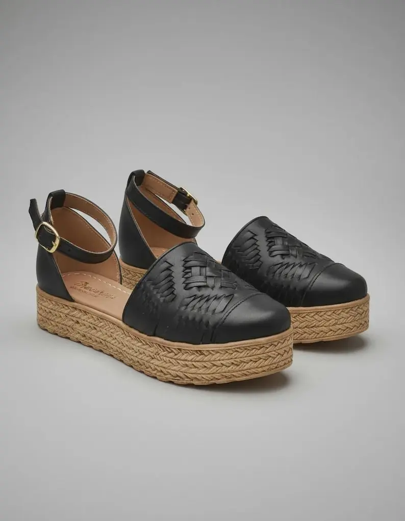 Black Leather Huarache Sandal – Handmade Mexican Ankle Strap Shoes