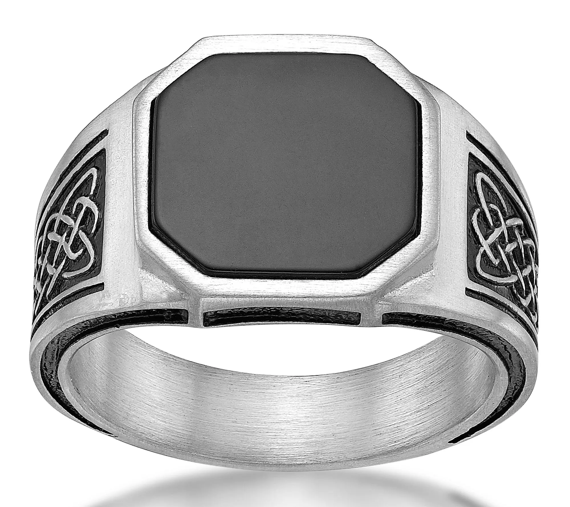 LYNX Men's Stainless Steel Black Agate Signet Ring
