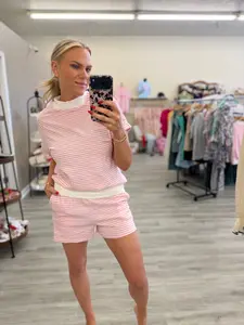 Mock Neck Stripe Casual 2pcs Shorts Set