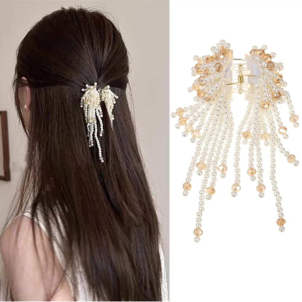 AWAYTR 1Pc Elegant Hair Claws Clips Small Butterfly Claw Clip with Tassel Pearl Nonslip Clamps Styling Hair Accessories Hairclips for Thin & Thick Long Hair Women