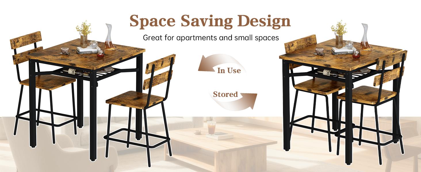 DKLGG 3 Piece Bar Table and Chairs Set, Counter Height Small Dining Table with 2 Bar Stools, Farmhouse Square Kitchen Table with Storage for Bistro, Pub, Small Space