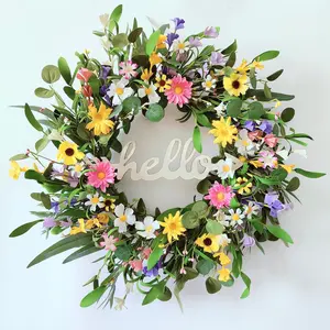 Spring Wreaths for Front Door, 22 Inch Eucalyptus Wreath with Hello Sign, Colorful Little Daisies and Winter Jasmine, Spring Summer Decoration Home/Window/Farmhouse/Indoor and Outdoor