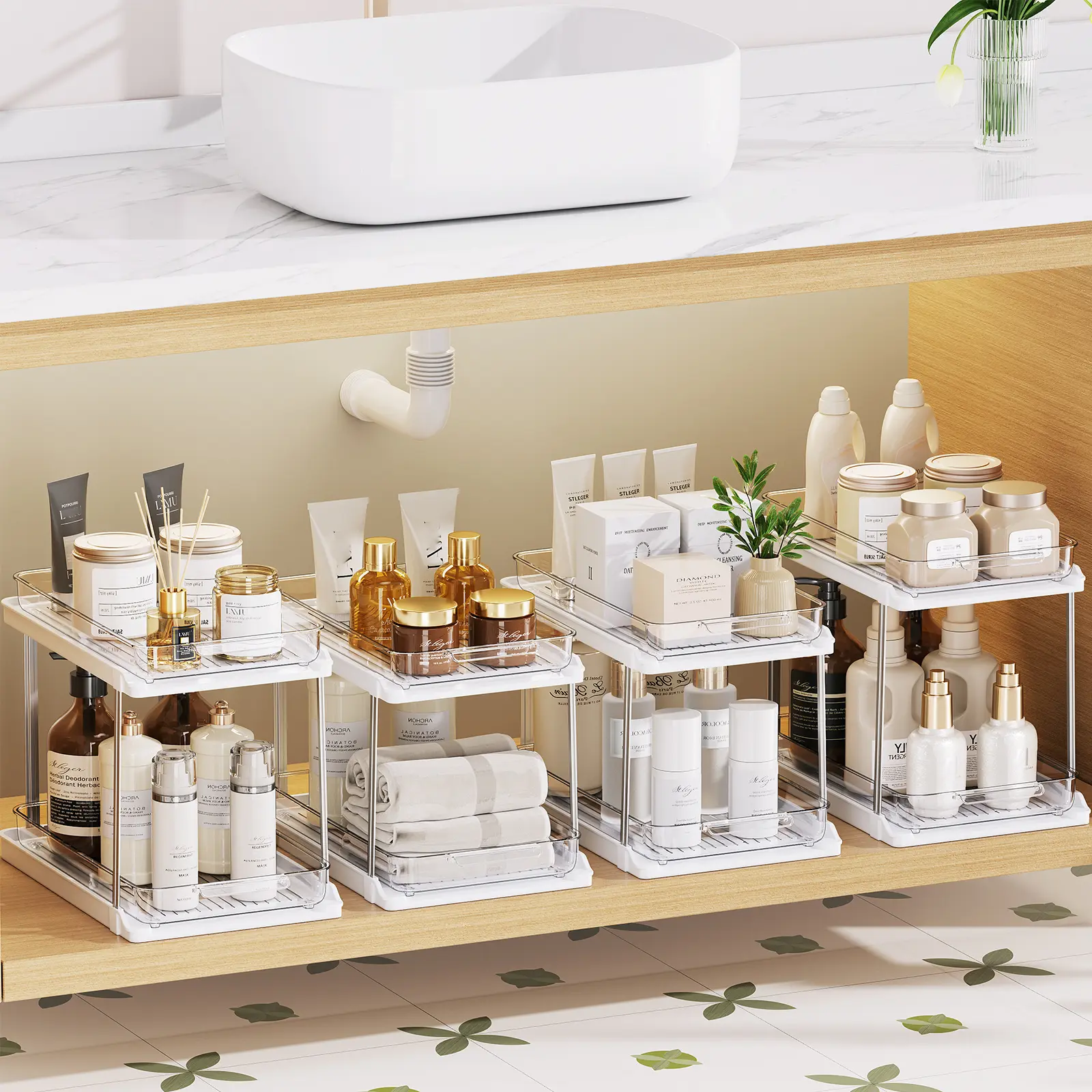 【Auction Only】4-Pack Rectangular White 2-Tier Multi-Purpose Pull Out Organizers with Movable Dividers, Space Saver Stackable Kitchen Pantry Holder, Bathroom Organizer Storage