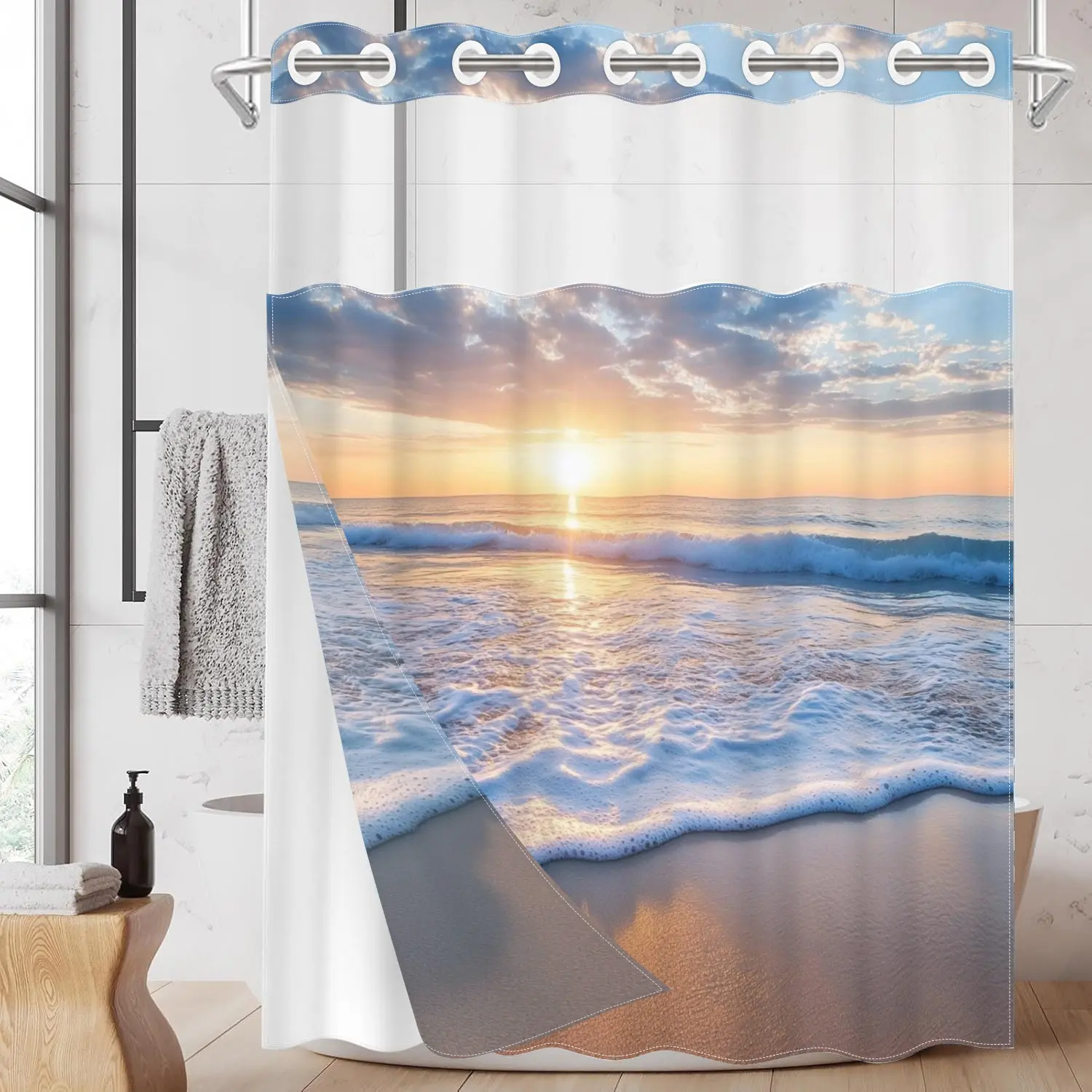 1PC/4PCS 2D Printing Golden Beach with Waves and Sunrise Patterned Ocean shower curtain, Printed shower curtain, home bathroom decor, shower curtain set with 12 hooks, non-slip bathroom rug, U-shaped toilet seat cover