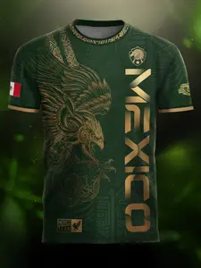 Mexico Gold Eagle Aztec Heritage Soccer Jersey, Fitted Short Sleeve Design, All Season Wear, Letter Pattern Style