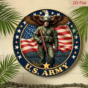 2D Flat, 1pc Vintage U. S. Army 7. 8" Round Metal Wall Art - Patriotic Aluminum Sign with Soldier & Eagle American Flag Design, Stars & Stripes Motif, Pre-Drilled Holes for Easy Hanging, Garage, Living Room, Coffee Bar Decor, American Flag