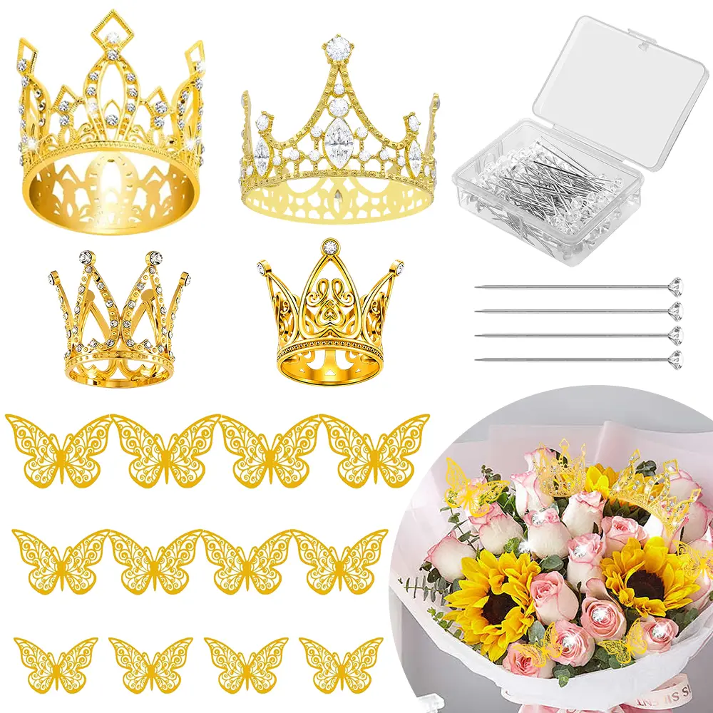 Gold Crowns for Flower Bouquets, Flower Bouquet Accessories Including 4 Pcs Bouquet Crown, 12 Pcs Butterfly Decorations and 50 Pcs Flower Pins for Birthday Wedding Baby Shower