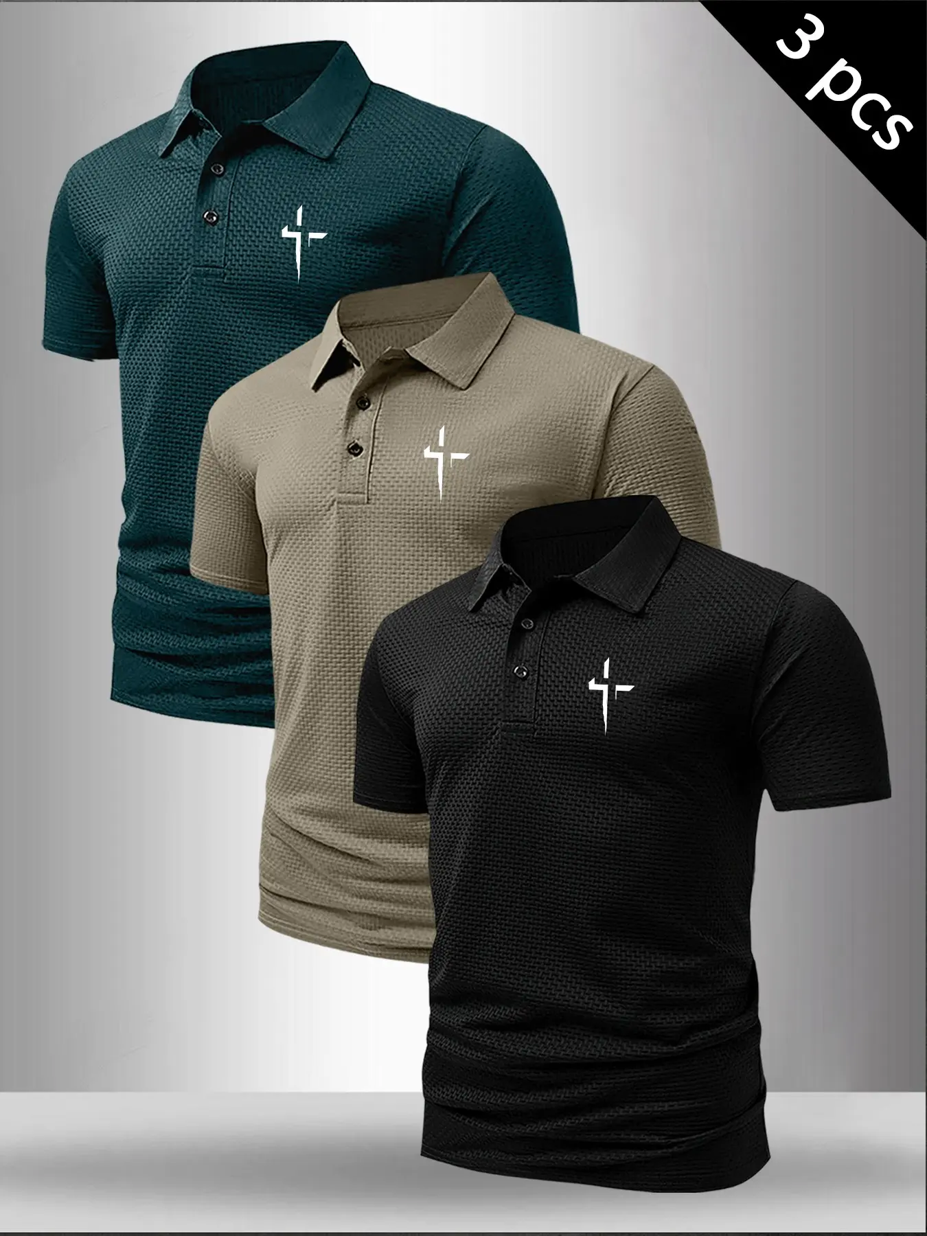 Men's 3-Pack Minimalist Cross Print Graphic Waffle Knit Fitted Printed Polo Shirts, Casual Textured Short Sleeve Collared Tees, Breathable Summer Tops, Knitted #3PackPoloShirts #CrossPrintPolo #WaffleKnitShirt #CasualMensTop #TikTokMadeMeBuyIt