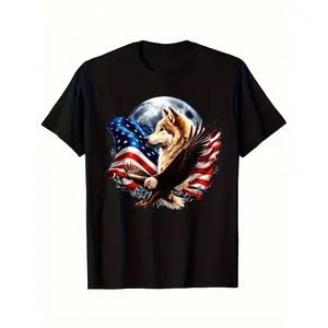 Mens 100 Percent Cotton T-Shirt Featuring Retro American Flag and Wolf Howling at Moon Illustration, Siberian-Inspired Samoyed-Like Design Breathable Round Neck Short Sleeve Casual Tee Suitable for Fourth of July Outdoor and Christmas Gifts