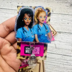 Funny Work Besties Sparkly Retractable Badge Reel Cute Acrylic ID Holder For Nurses Teachers Healthcare Coworker Friendship Gift Accessory