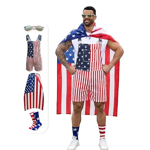 Bindefon 4th of July 4 Piece Set Combo - 250th Birthday American Flag Overalls Men and Women,Cape,USA Sunglasses,Patriotic Socks, Menswear, Father's Day Gifts, BBQ,