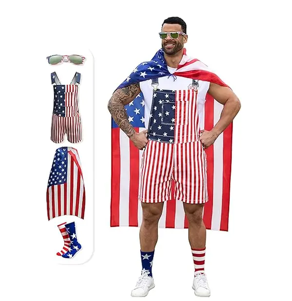 Bindefon 4th of July 4 Piece Set Combo - 250th Birthday American Flag Overalls Men and Women,Cape,USA Sunglasses,Patriotic Socks, Menswear, Father's Day Gifts, BBQ,