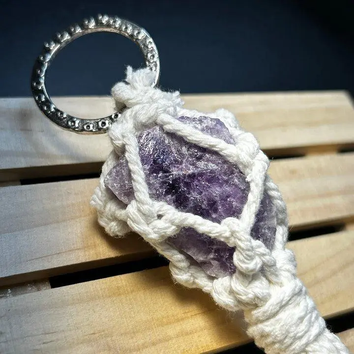Handmade Macrame Amethyst Crystal Keychain - Beautiful Natural Stone Accessory for Keys and Bags