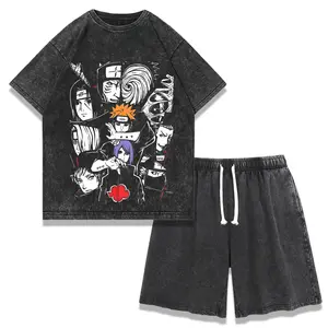 Retro Akatsuki Naruto 2-Piece Set, Unisex Vintage Wash Anime Graphic Tee & Shorts, Trendy Street Style Summer Outfit