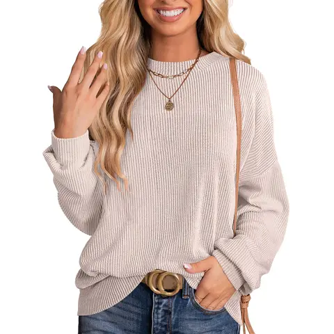 ANRABESS Womens Long Sleeve Oversized Shirts 2026 Casual Ribbed Side Spilt T-Shirts Pullover Tunic Tops Fall Fashion Outfits