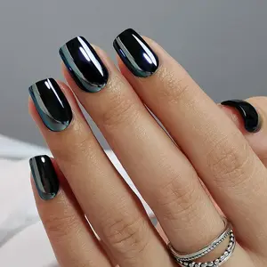 CurvLife Black Mirror Press-On Nails | 24pcs Short Square Chrome-Gloss Black Fake Nails | Salon Shine, Comfortable Fit, Easy Application in Minutes | Durable & Reusable with Adhesive Tabs and Nail File — Perfect for Daily Wear or Parties