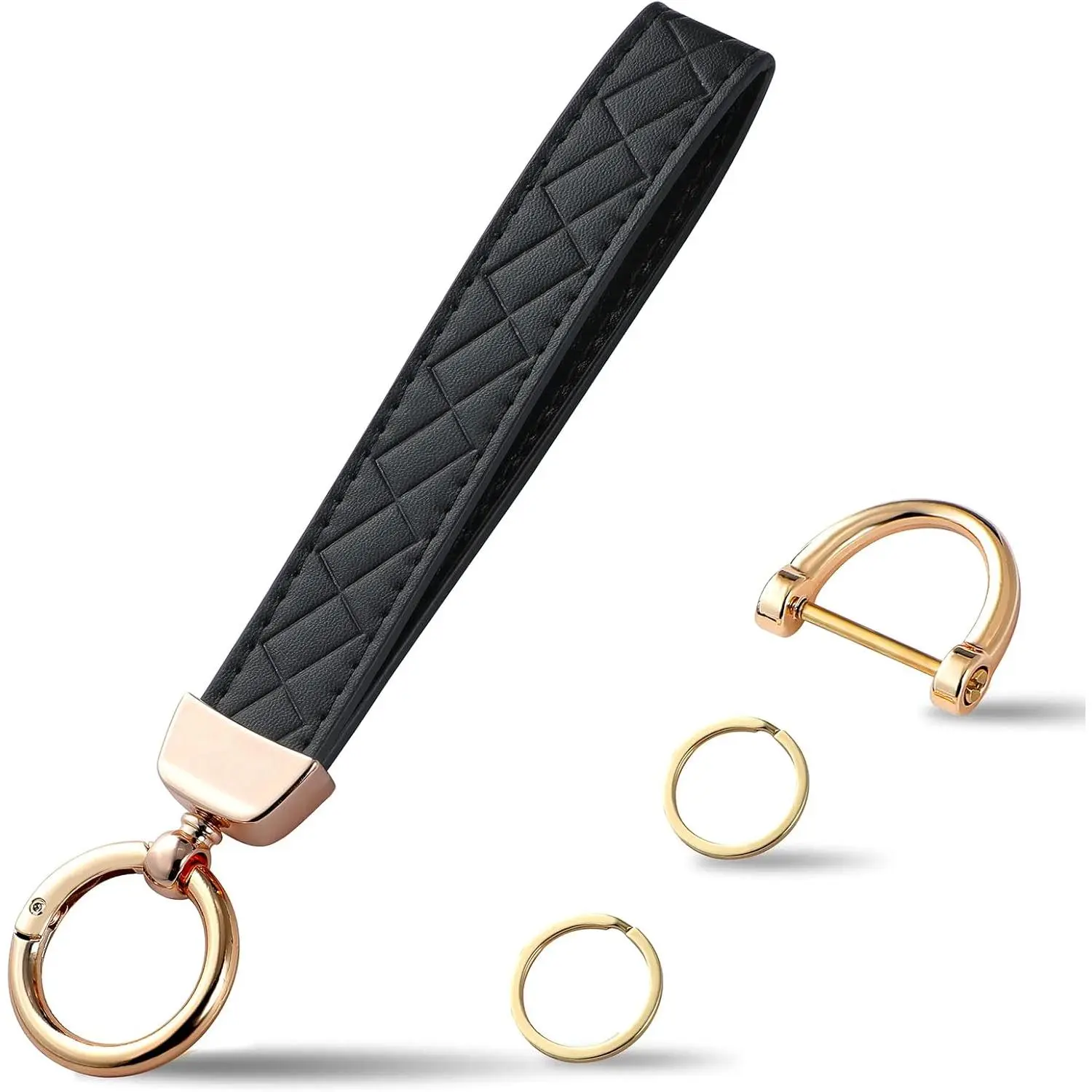 Women's Leather Wristlet Keychain Set, Car Interior Accessory Holder with 2 Key Rings & Anti-Lost D-Ring, Automotive Key Fob Wristband
