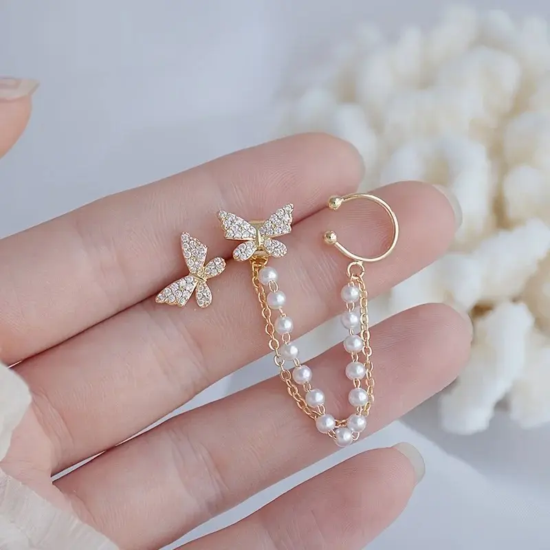 1pc Aesthetic Gold Zircon Butterfly Chain Earrings, Dainty Double-Layer Pearl Ear Wrap Cuff, 2026 Trendy Fairy Core Fashion Costume Jewelry