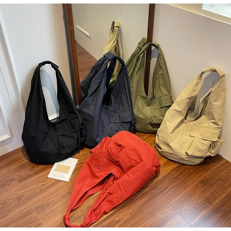 Lightweight Wrinkle Fabric Hobo Shoulder Bag, Large Capacity Multi Pocket Casual Tote Bag, Soft Slouchy Crossbody Shopper Purse, Minimalist Daily Carry Bag for Commuting, Shopping, School and Casual Outdoor Activities