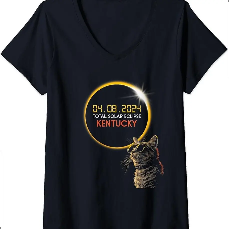Womens Kentucky Solar Eclipse 2024 Cat Wearing Eclipse Glasses V-neck T-shirt