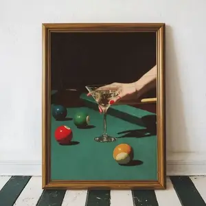 Vintage Dive Bar Martini Pool Poster Art, Retro Billiards Smoking Cocktail Oil Painting Art, Lucky 8 Ball Print- No frame