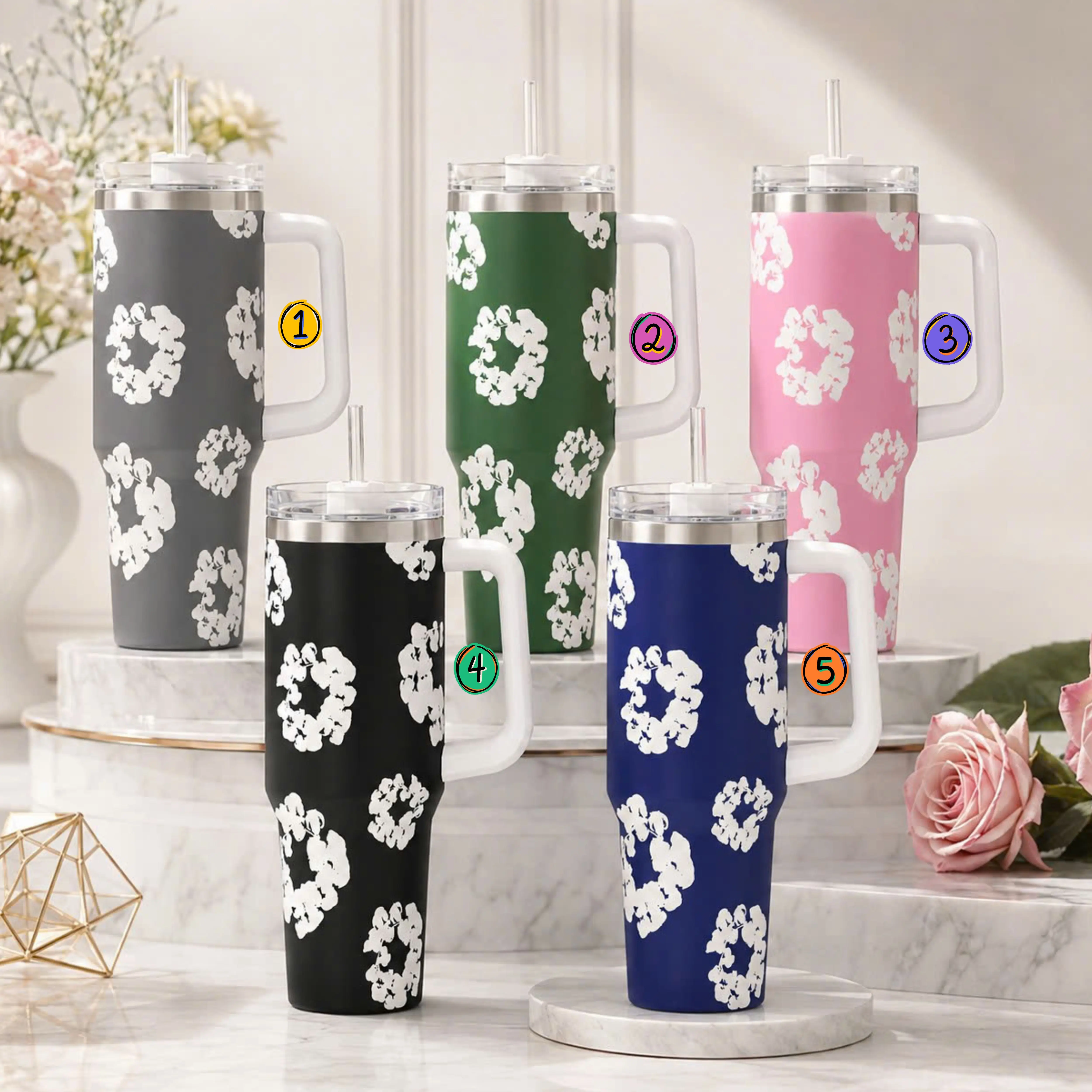 [Gift box and straw] Luxury High-End Parisian Dogtooth Print Pattern 40oz/20oz Tumbler with Handle & Straw, Stainless Steel Double Wall Vacuum Insulated Travel Mug, Luxury Chic Aesthetic Edition, Keeps Drinks Hot & Cold