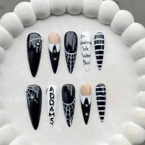 Nailchemy - Wednesday Addams Press On Nails | Gothic Black White Nail Art Set | Spooky Cute Halloween Fake Nails | Long Coffin Stiletto Press Ons