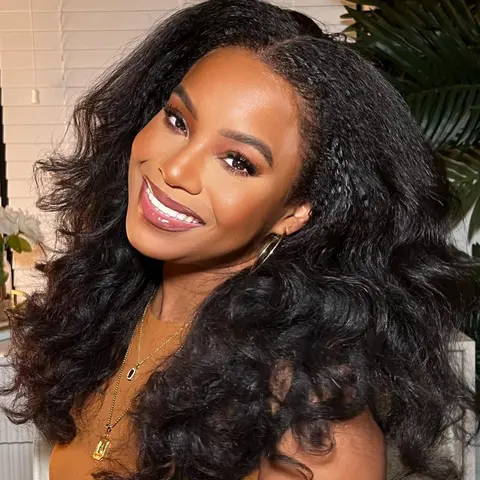 CurlyMe V Part Wig Kinky Straight Hair Glueless Wig Pre-plucked Natural Black 180% Human Hair Medium 22.5 Inch Cap USPS Shipping in 48H