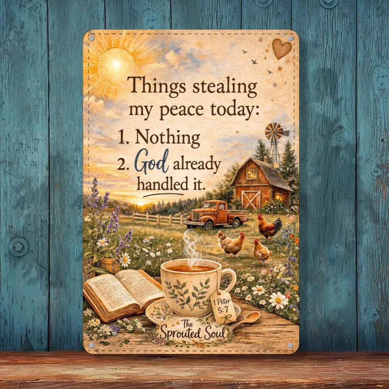 God Handled It Farm Barn Chicken Coffee Bible Verse Vintage Tin Sign 8x12in Christian Country Wall Decor Metal Tin Sign