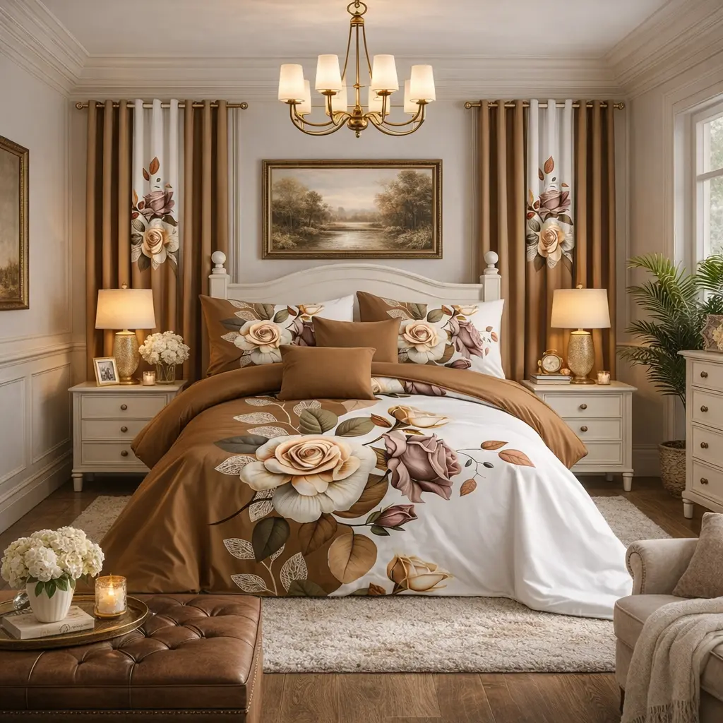 9 Piece Bedspread & Curtain Set, Floral Bedding Includes 1 Bedspread 2 Pillowcases & 6 Curtains, Soft Lightweight Quilt Coverlet For Queen King Cal King Bedroom Decor.，Floral Brown：King(91*100in）