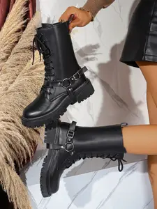 Women's Fashionable Thick Rubber Sole Combat Boots, Slip-On Side Zipper Design, Casual Short Ankle Booties for Women, Comfortable & Stylish