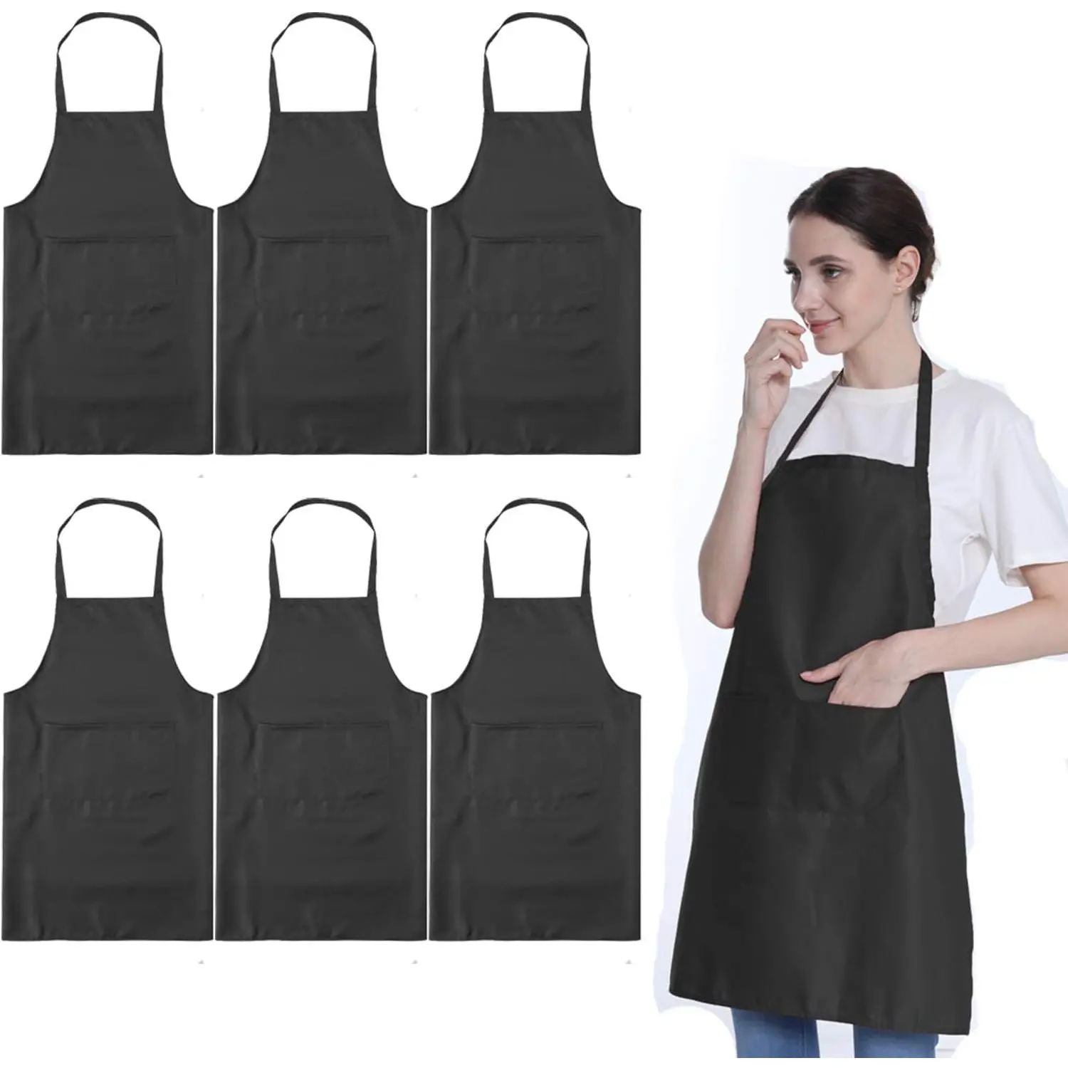 Total 6 count Black Apron for Wowen Adult Unisex with 2 Pockets-Chef Cooking Baking Kitchen Restaurant Crafting Painting Party Aprons