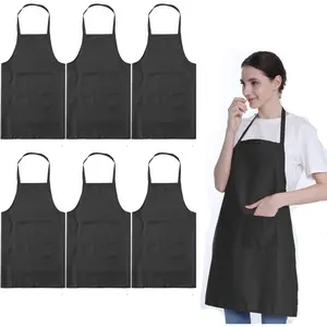 Total 6 count Black Apron for Wowen Adult Unisex with 2 Pockets-Chef Cooking Baking Kitchen Restaurant Crafting Painting Party Aprons