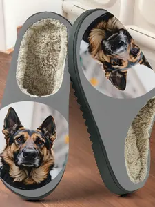 Realistic German Shepherd Printed Cotton Slippers, Casual Anti-Slip Thick Sole, Warm Home Shoes for Men and Women, Fall Winter
