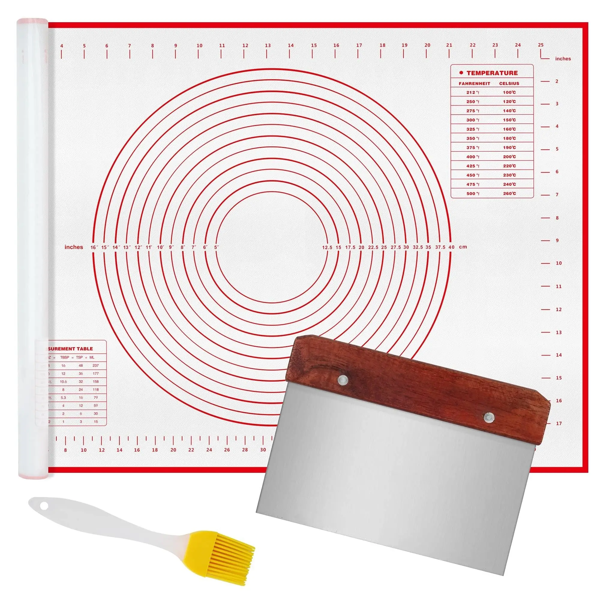 20''×27.5'' Large Dough Mat Silicone Baking Mats for Rolling Pastry Kneading Sheet Silicone Sheet for Kitchen Counter Red With Brush and Dough Scraper