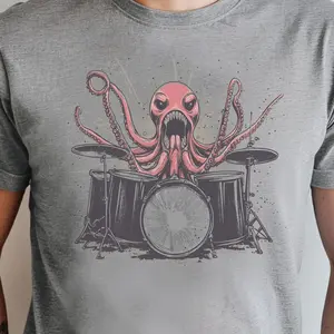 Angry Octopus Drummer Tee, Music Lover T-Shirt, Funny Drumming Shirt, Unisex Graphic Tee, Octopus Playing Drums Top