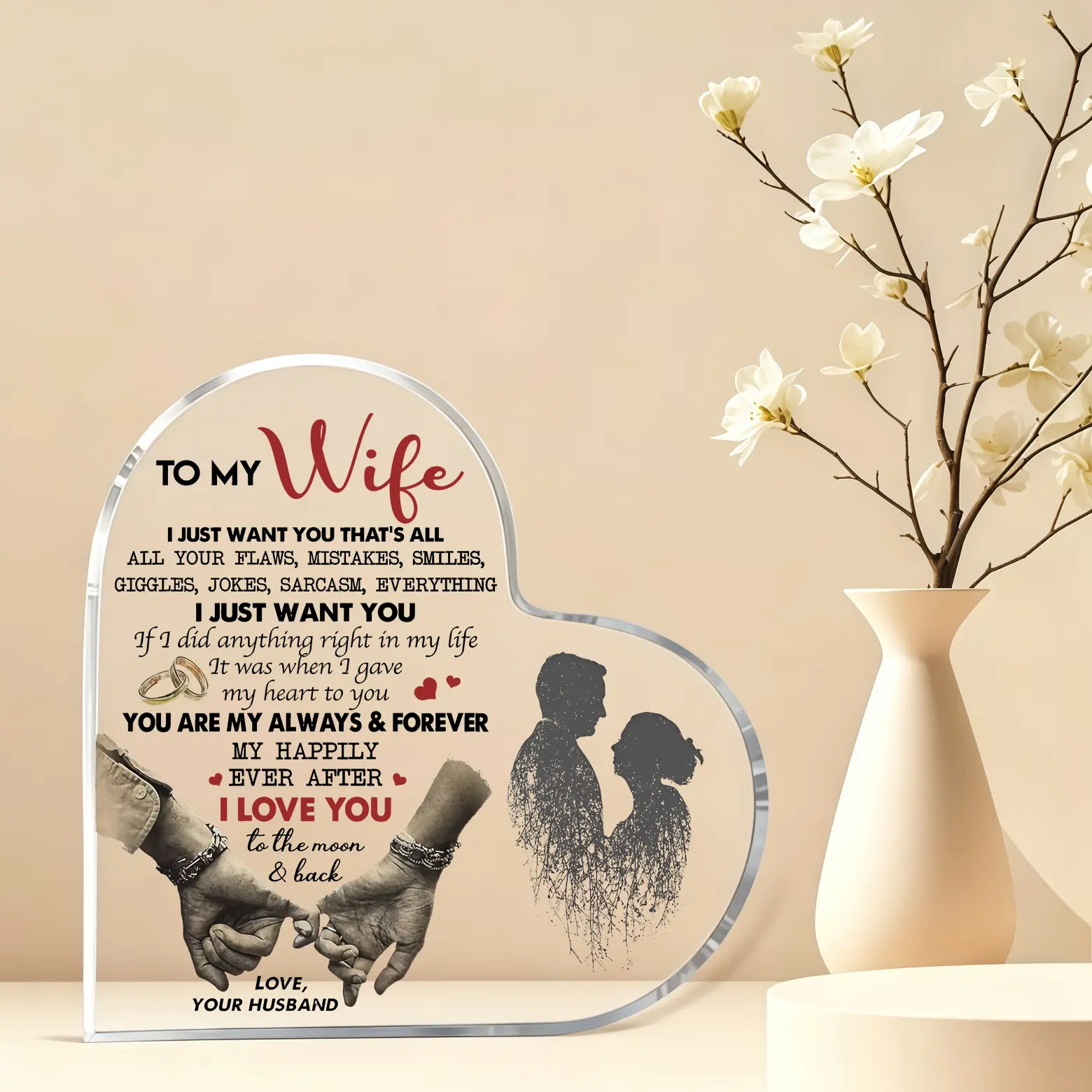 Heart Shaped Couple Hand & Tree Silhouette Printed Clear Acrylic Desk Plaque, Romantic Sentimental To My Wife Keepsake Sign, Heartfelt Gift for Wife Birthday Anniversary Valentine's Day Confession Present