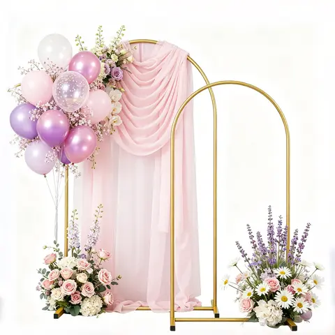 Heavy Duty Rust-Proof Gold Metal Balloon Arch Stand Set with Presslock Tubes - 2 Pcs (2.6ft-7.2ft) or 3 Pcs (2.6ft-3.3ft-7.2ft), Flower-Friendly Indoor/Outdoor Photo Booth Backdrop, Wedding Background Party Decor