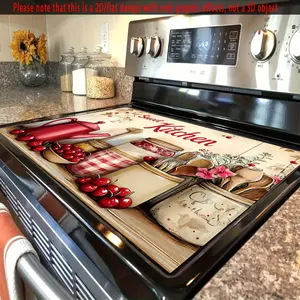 1pc Sweet Kitchen & Cherry Patterned Stove Cover Mat - Vibrant Polyester Anti-Slip Protective Cover for Stove and Desktop, Home Decor with Red Teapot, Jars, and Cherry Design, Kitchen Decor Mat |   Cherry Theme Decor |   Durable Kitchen Mat