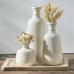 Ceramic Vase Set of 3, Neutral Rustic Vases  Decor Farmhouse Decorative Vase Whitewashed Pottery Decor Boho Modern for Table Mantel Entryway Bookshelf Living Room Kitchen Bathroom Bedroom - White