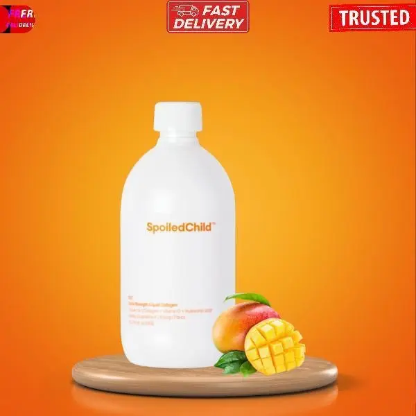 SpoiledChild Extra Strength E27 Edible Liquid Collagen Supplement - 13.5 fl oz Mango Flavor with Vitamin C, Hyaluronic Acid for Beauty, Fitness Support; Boosts Skin Care, Hair, Nail Health, Joint, Gut Wellness, Sugar Free, Gluten Free, Dairy Free