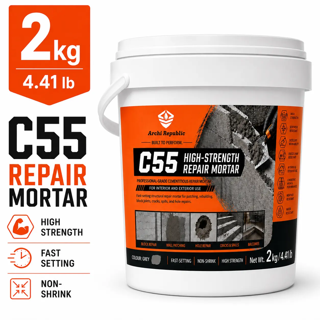 Archi Republic C55 High-Strength Repair Mortar 2kg Fast-Setting Non-Shrink Gray Mortar for Interior & Exterior Use