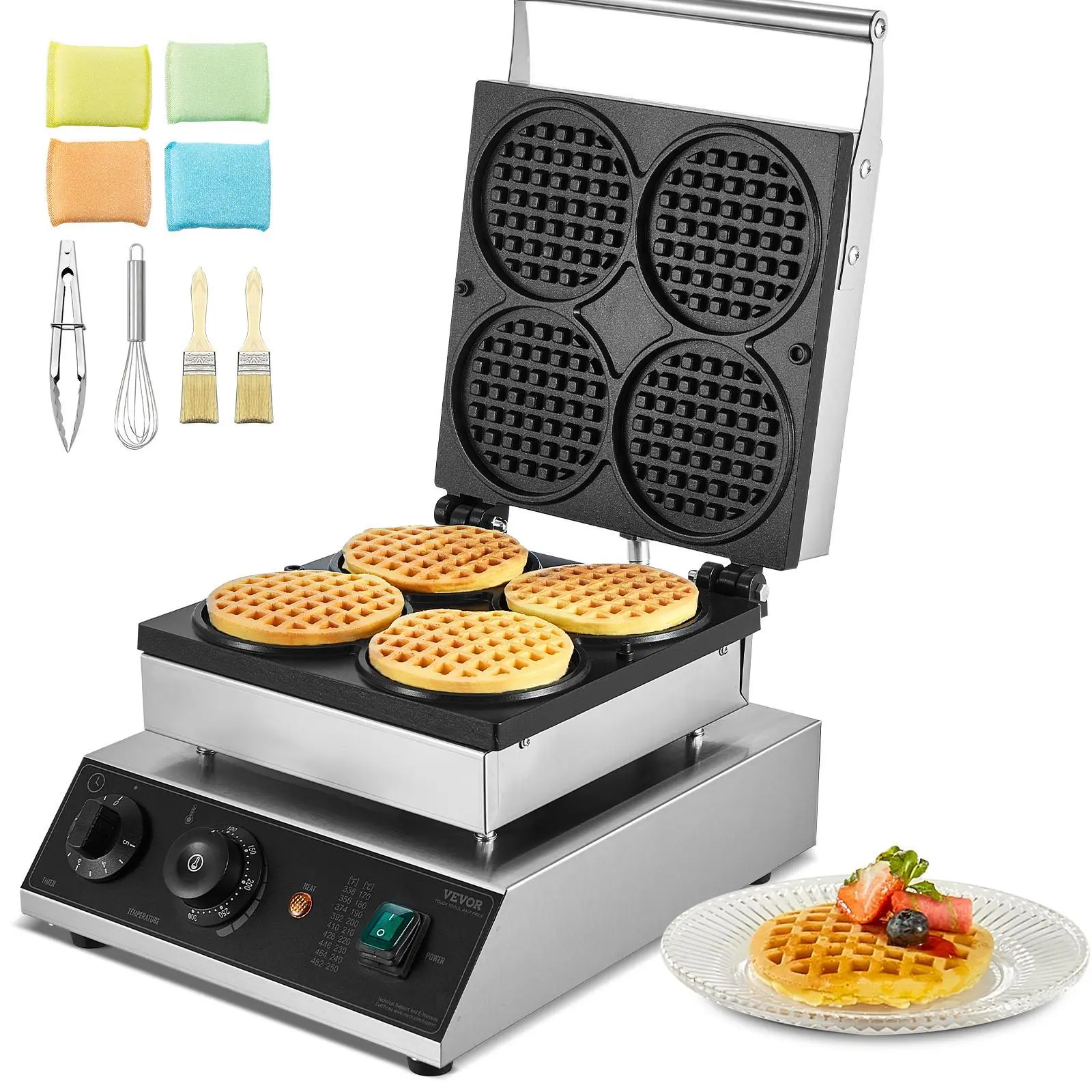 【Summerfinds】VEVOR Commercial Waffle Maker,  , 4PCS Round Waffle Baker Machine,1750W Non-Stick Stainless Steel Belgian Waffle Iron with Temperature and Time Control, for Restaurant Bakery Snack Bar Family