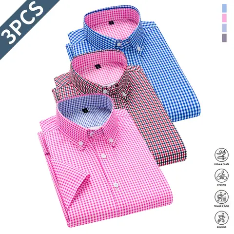 Men's Cotton Fitted Light Short-Sleeve Collared Button Up Front Dress Shirt - Business Formal Top, Striped/Solid Colors, Workday/Weekend Summer Wear, Father's Day Gift