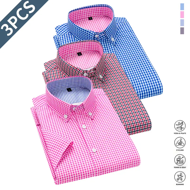 Men's Cotton Fitted Light Short-Sleeve Collared Button Up Front Dress Shirt - Business Formal Top, Striped/Solid Colors, Workday/Weekend Summer Wear, Father's Day Gift